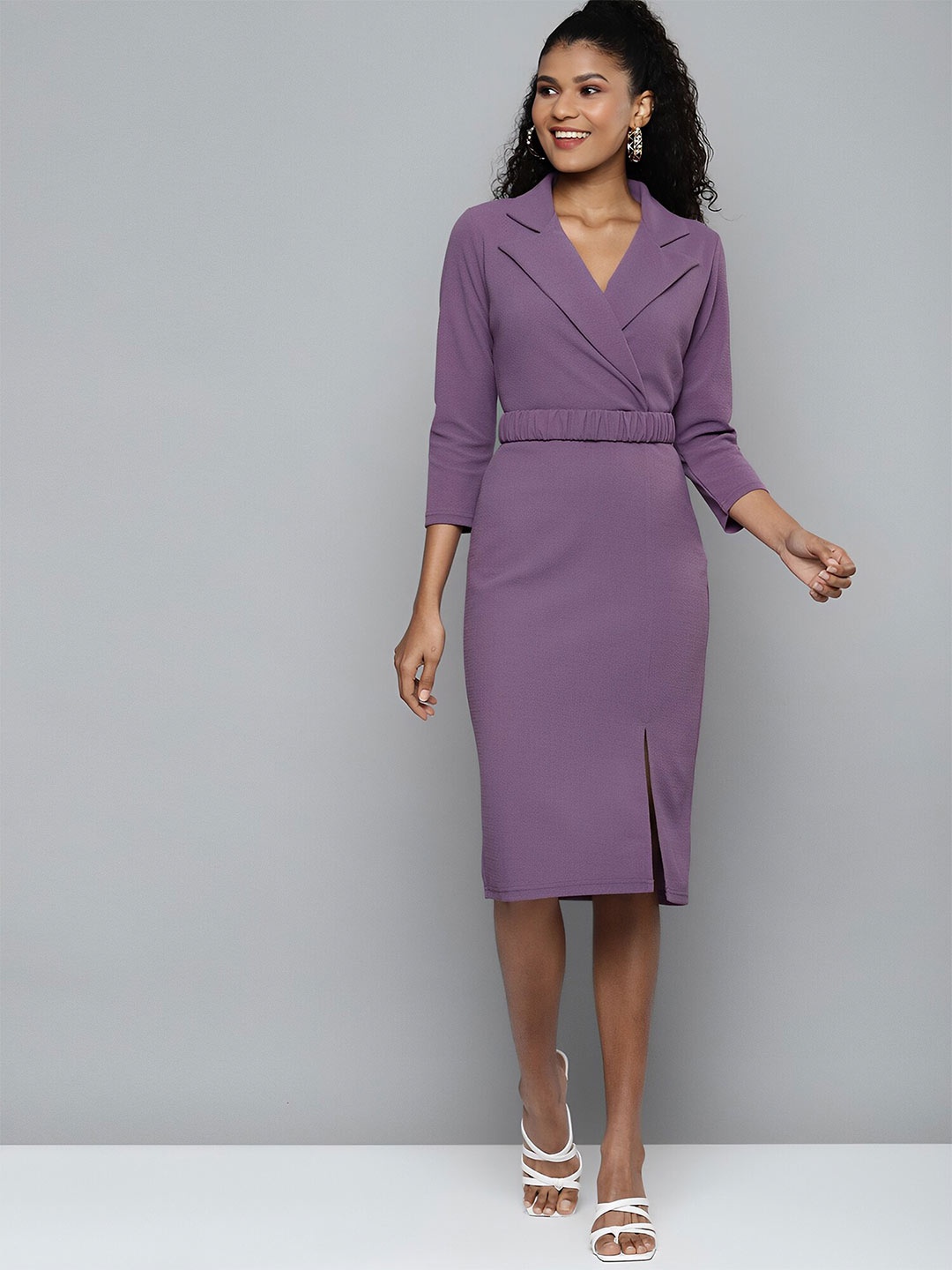 

MARGI DESIGNERS Lavender Cuban Collar Regular Sleeves Sheath Dress