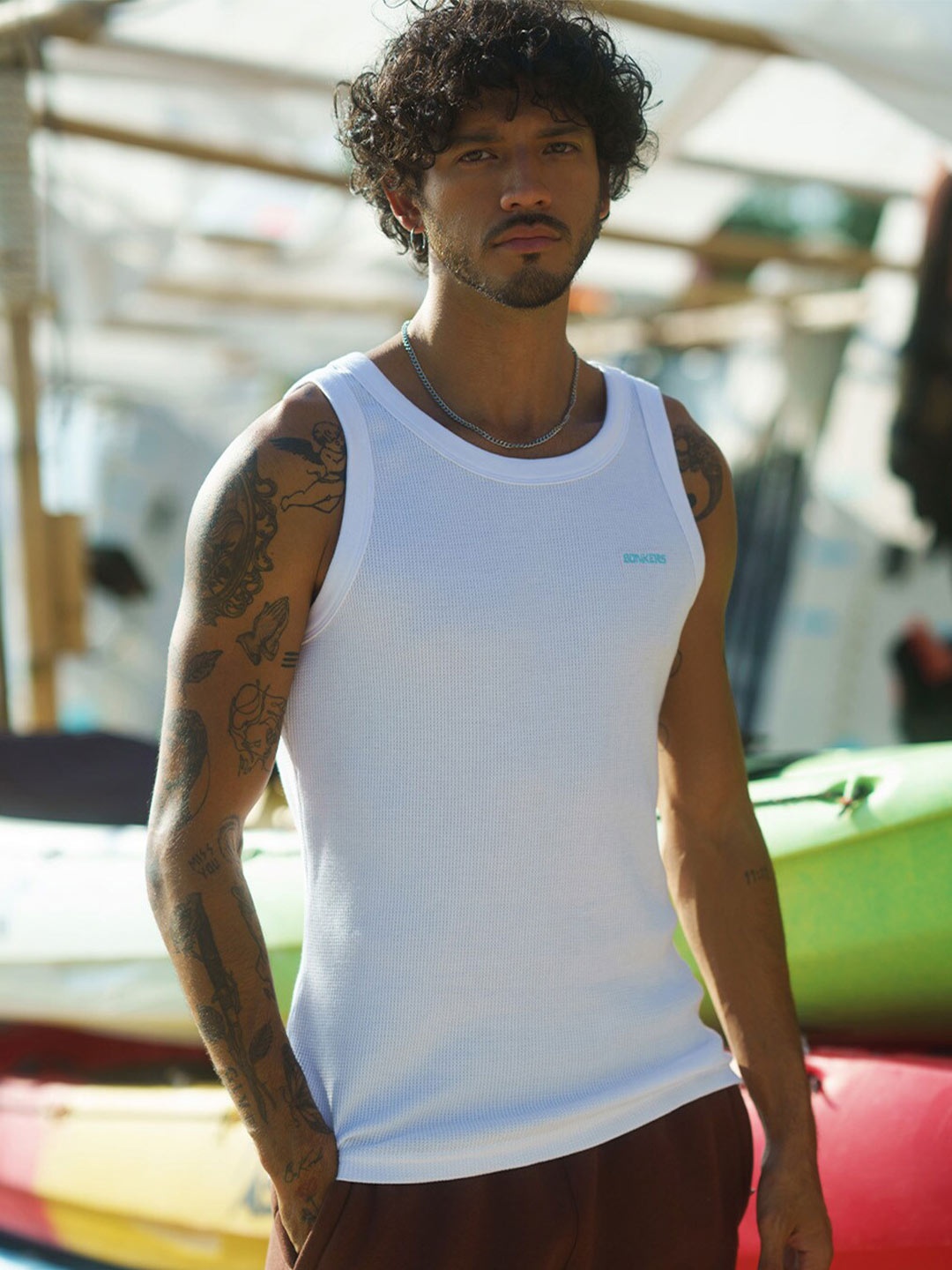 

Bonkers Corner Self Design Round Neck Tank Innerwear Vests, White
