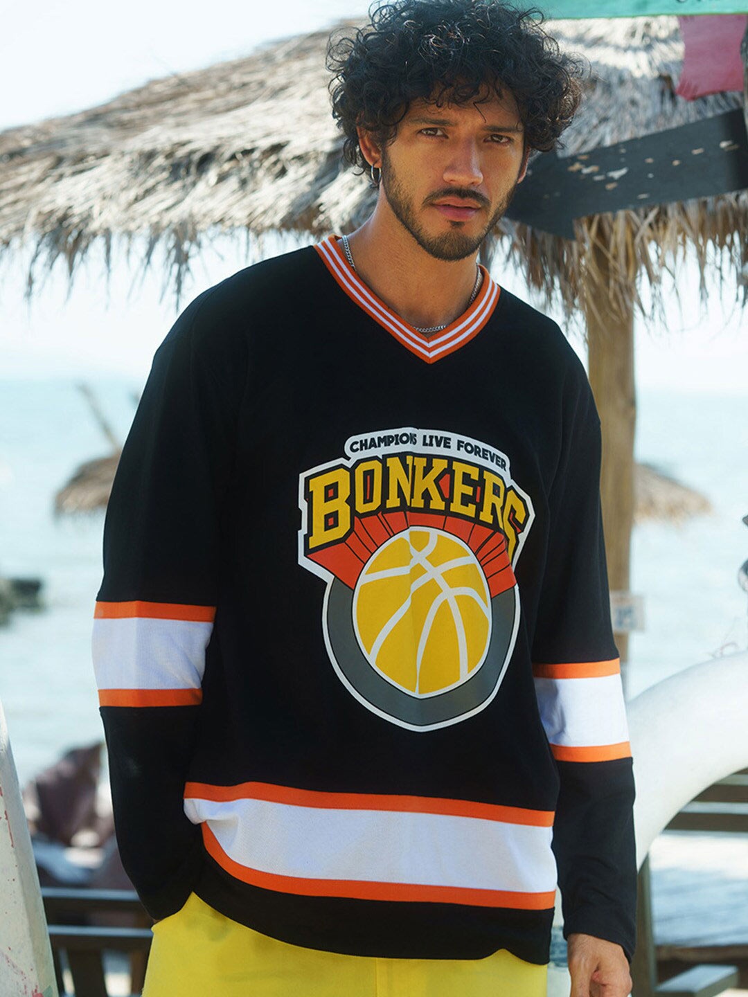 

Bonkers Corner Black Oversized Typography Printed V-Neck Cotton T-shirt