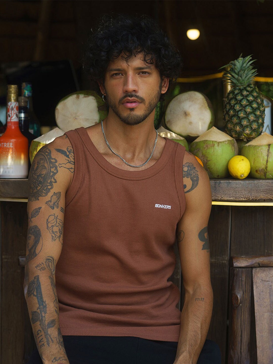 

Bonkers Corner Brown Self Design Round Neck Cotton Innerwear Vest