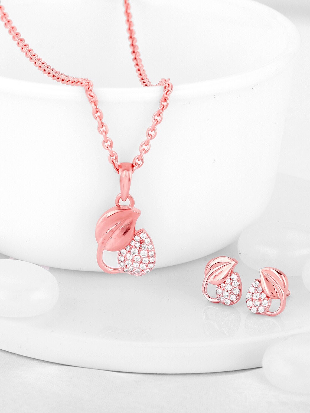 

GIVA 92.5 Sterling Silver Rose Gold-Plated CZ-Studded Pendant Set