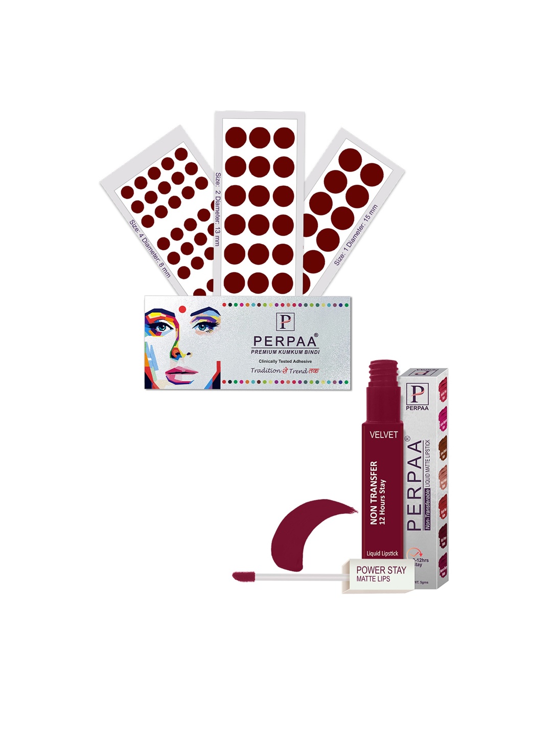 

PERPAA Set Of 4 Dark Maroon Bindi Flaps & Power Stay Non Transfer Lipstick - Maroon