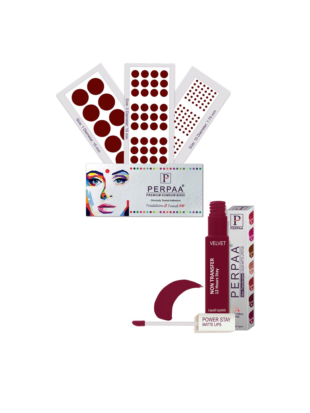 

PERPAA Set Of 4 Dark Maroon Bindi Flaps & Power Stay Non Transfer Lipstick - Maroon