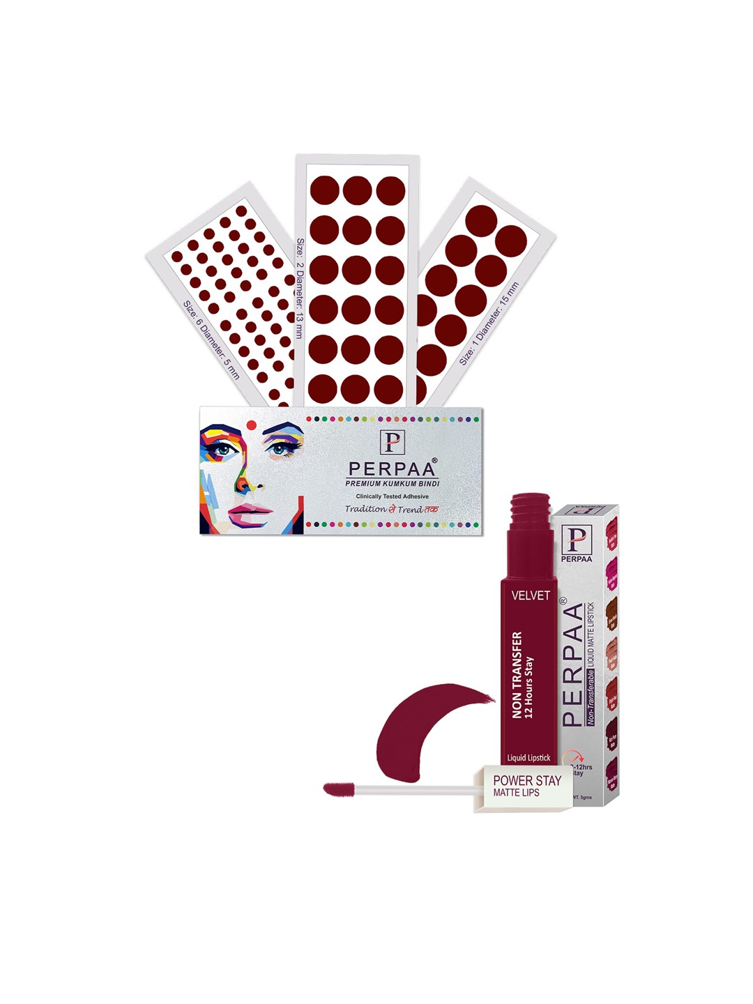 

PERPAA Set Of 4 Dark Maroon Bindi Flaps & Power Stay Non Transfer Lipstick - Maroon