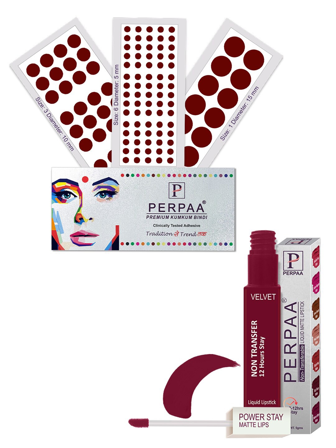 

PERPAA Set Of 4 Dark Maroon Bindi Flaps & Power Stay Non Transfer Lipstick-5ml-Maroon