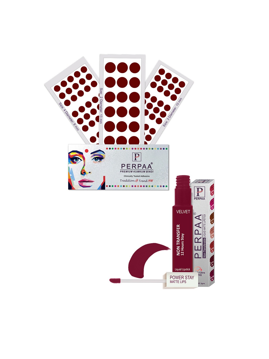 

PERPAA Set Of 4 Dark Maroon Bindi Flaps & Power Stay Non Transfer Lipstick - Maroon