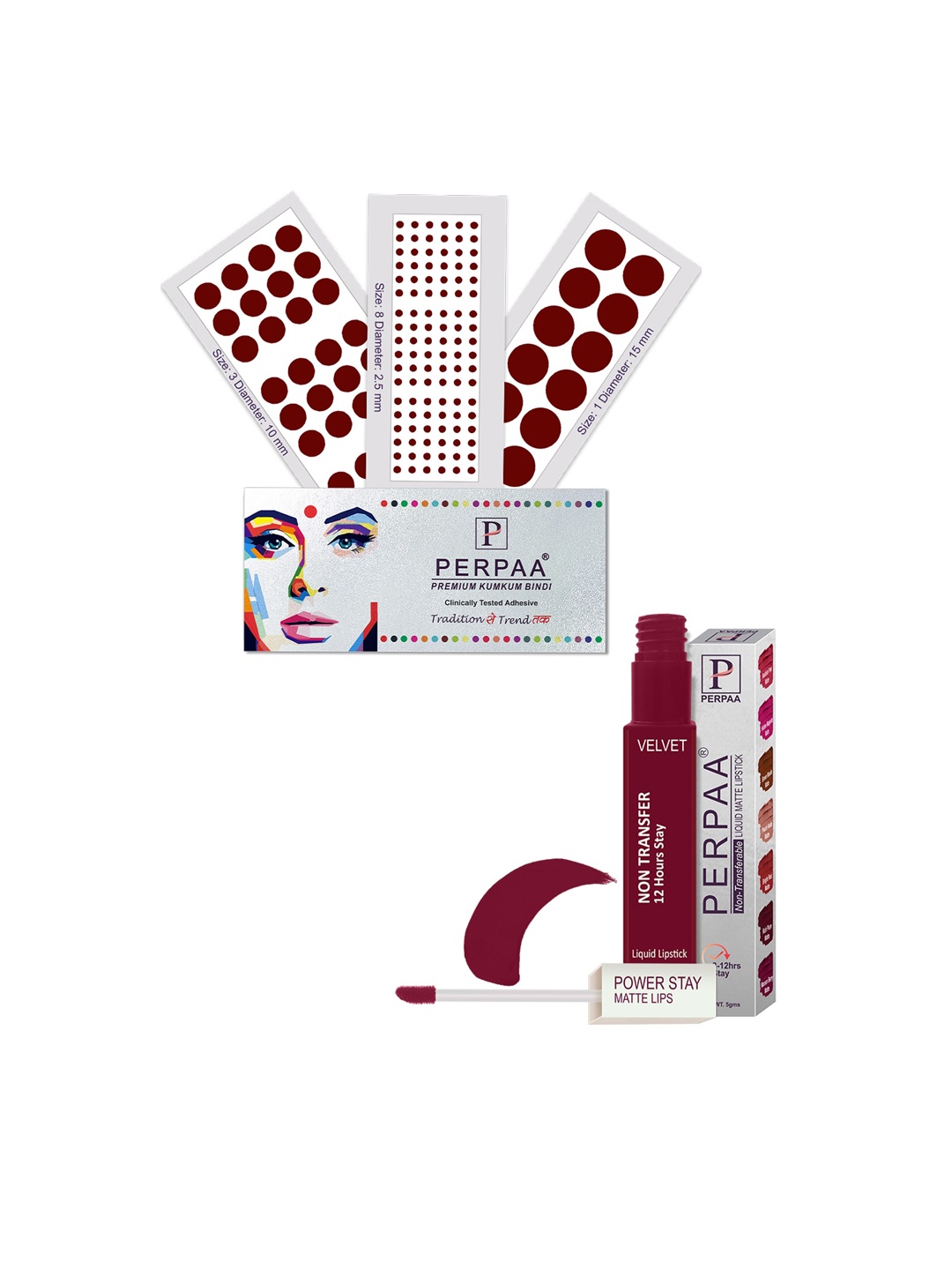 

PERPAA Set Of 4 Dark Maroon Bindi Flaps & Power Stay Non Transfer Lipstick-5ml-Maroon