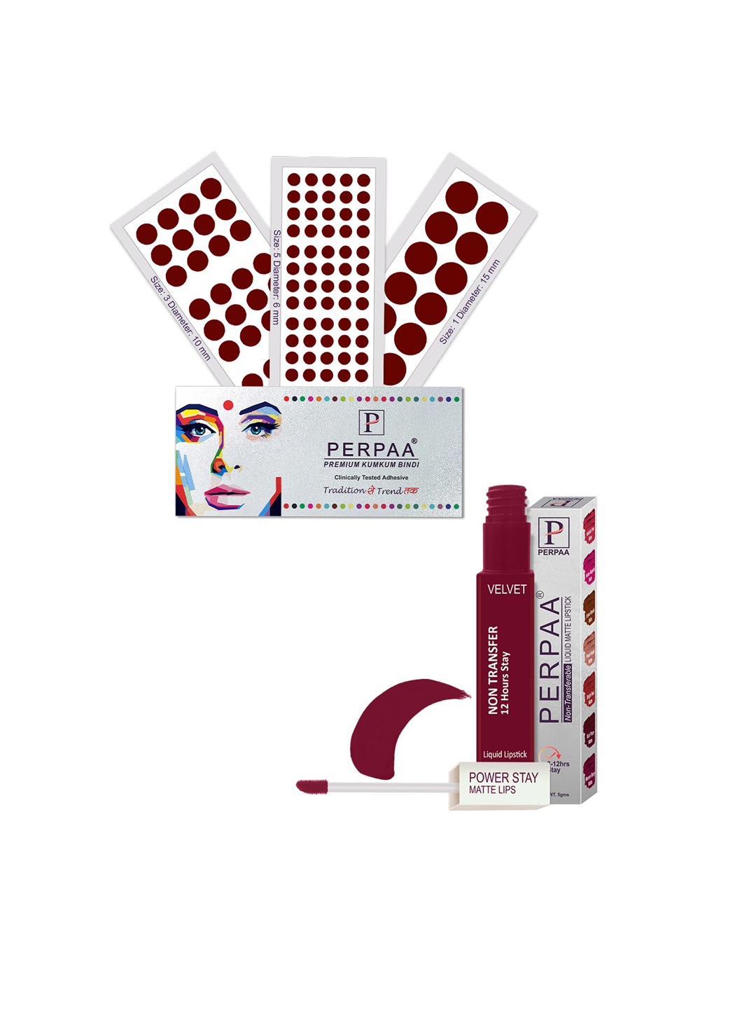 

PERPAA Set Of 4 Dark Maroon Bindi Flaps & Power Stay Non Transfer Lipstick-5ml-Maroon