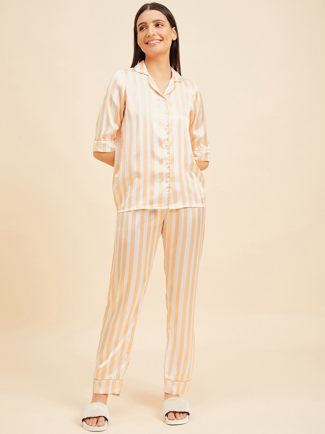 

Sweet Dreams Striped Satin Night Suit, Rust
