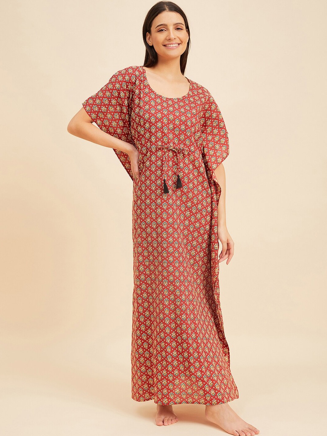 

Sweet Dreams Maroon Printed Cotton Maxi Kaftan Nightdress