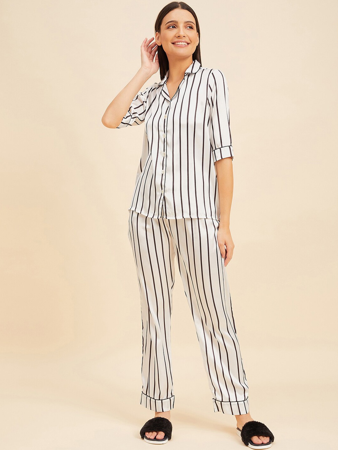 

Sweet Dreams Striped Satin Night Suit, Cream
