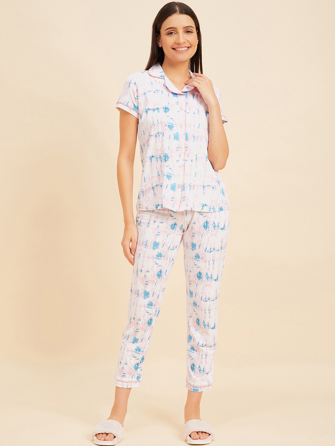 

Sweet Dreams Cream-Coloured & Blue Tie and Dye Night Suit