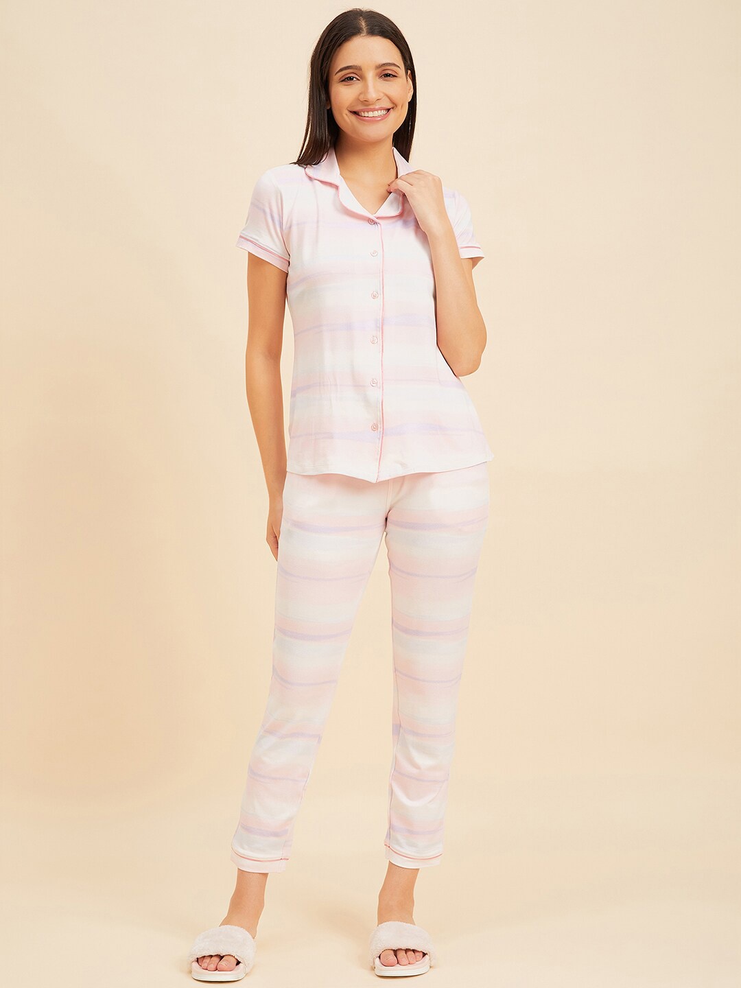 

Sweet Dreams Striped Night Suit, Peach