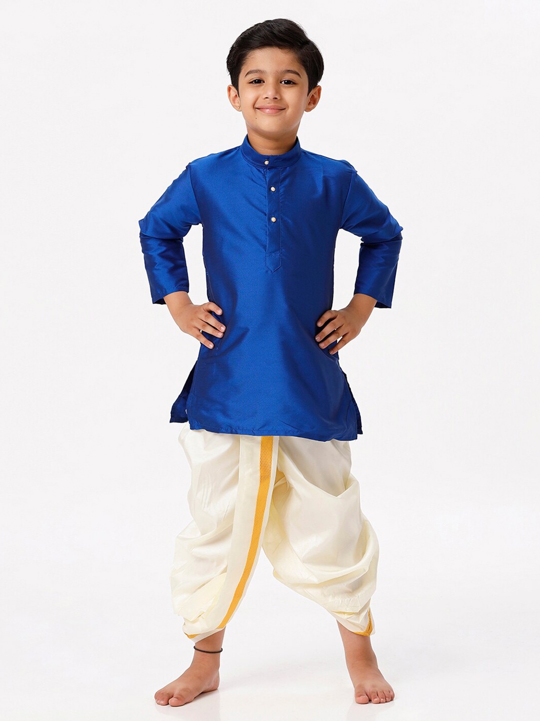 

Ramraj Boys Mandarin Collar Straight Kurta With Dhoti Pants, Blue