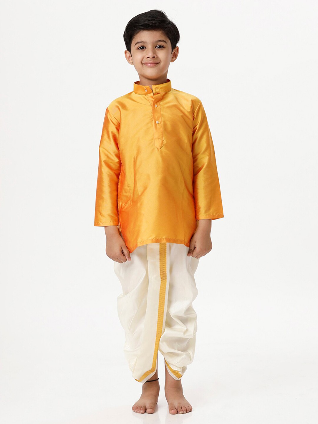 

Ramraj Boys Mandarin Collar Straight Kurta With Dhoti Pants, Gold