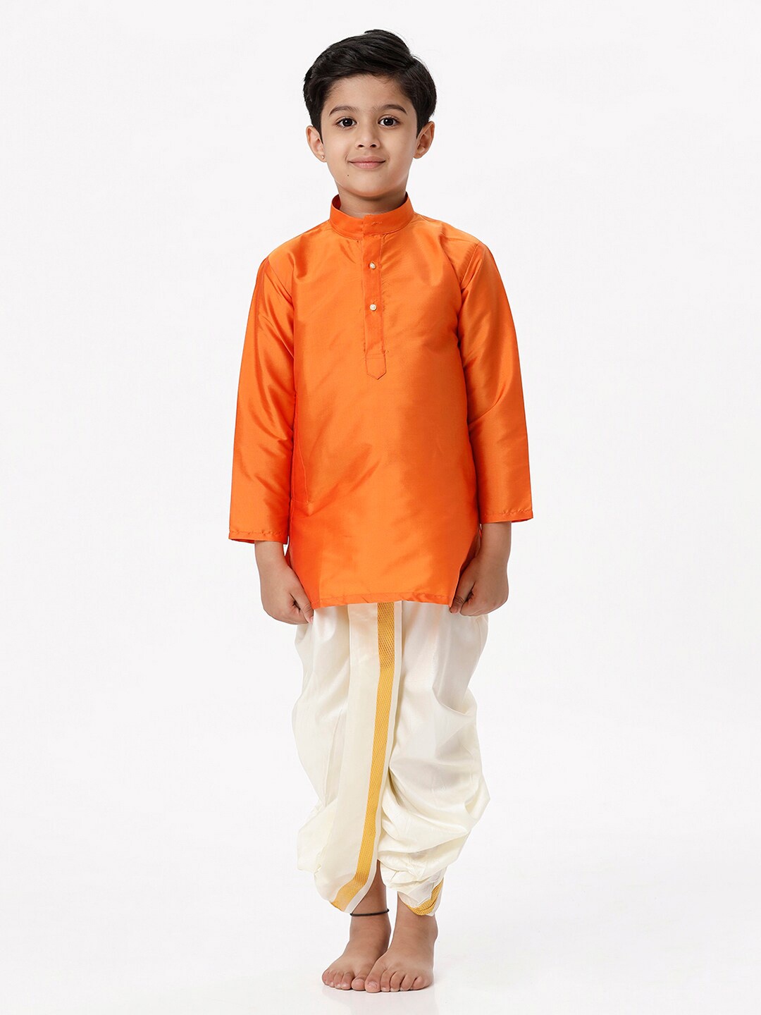 Ramraj Boys Mandarin Collar Straight Kurta With Dhoti Pants, Orange
