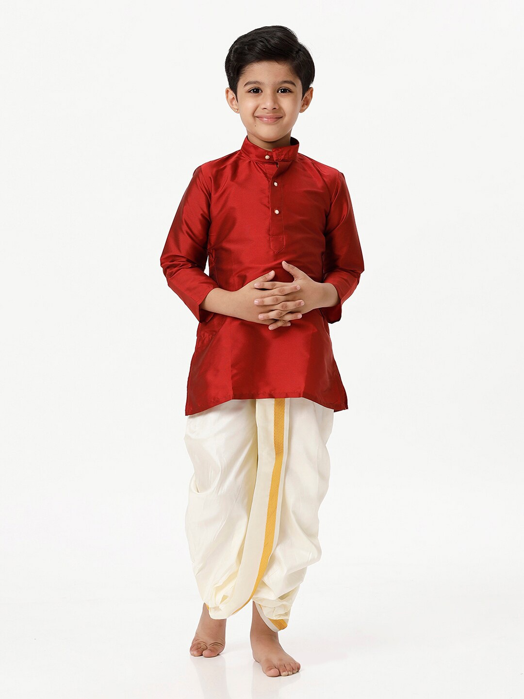 

Ramraj Boys Mandarin Collar Straight Kurta With Dhoti Pants, Red