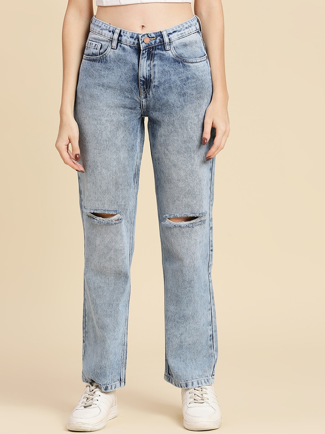 

DressBerry Women Blue Slash Knee Heavy Fade Jeans