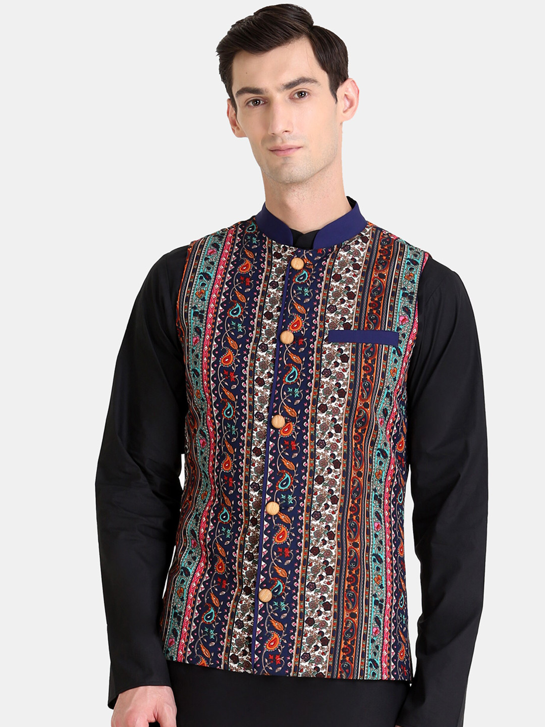

Raas Ethnic Motifs Printed Nehru Jackets, Navy blue