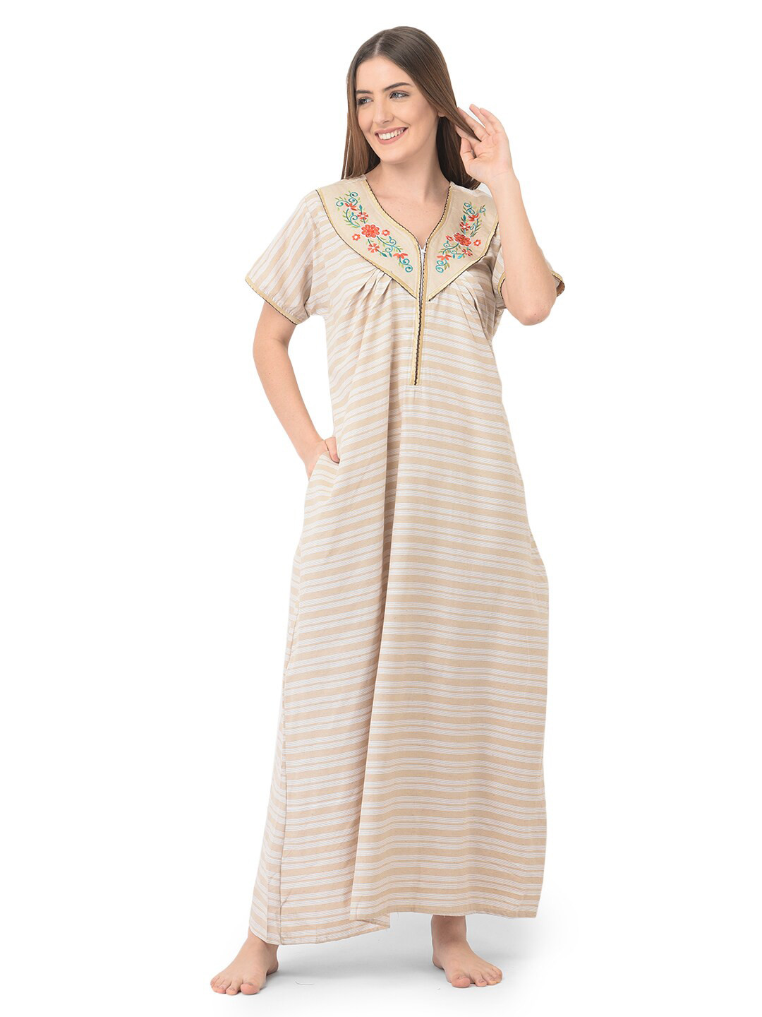 

Noty Striped Cotton Maxi Nightdress, Beige