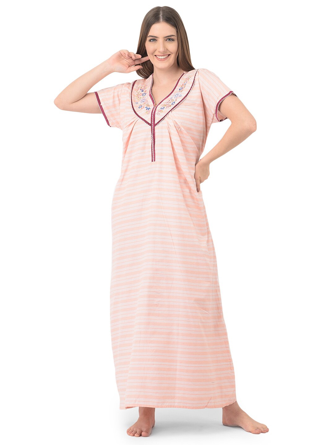 

Noty Striped Cotton Maxi Nightdress, Peach