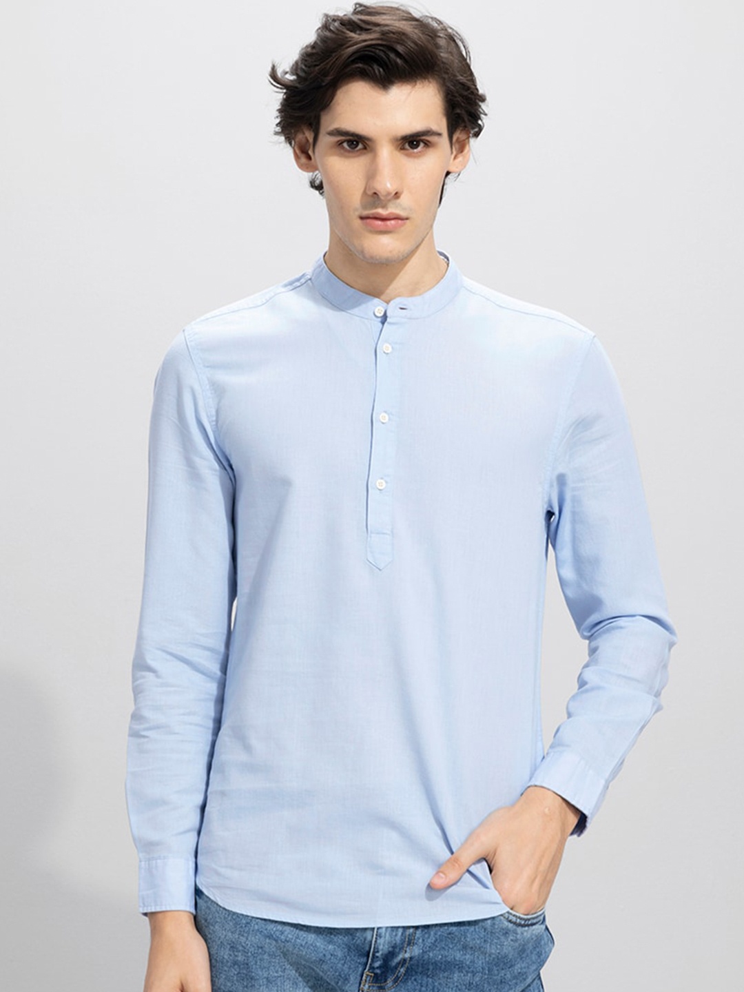 

Snitch Band Collar Classic Slim Fit Linen Shirt, Blue