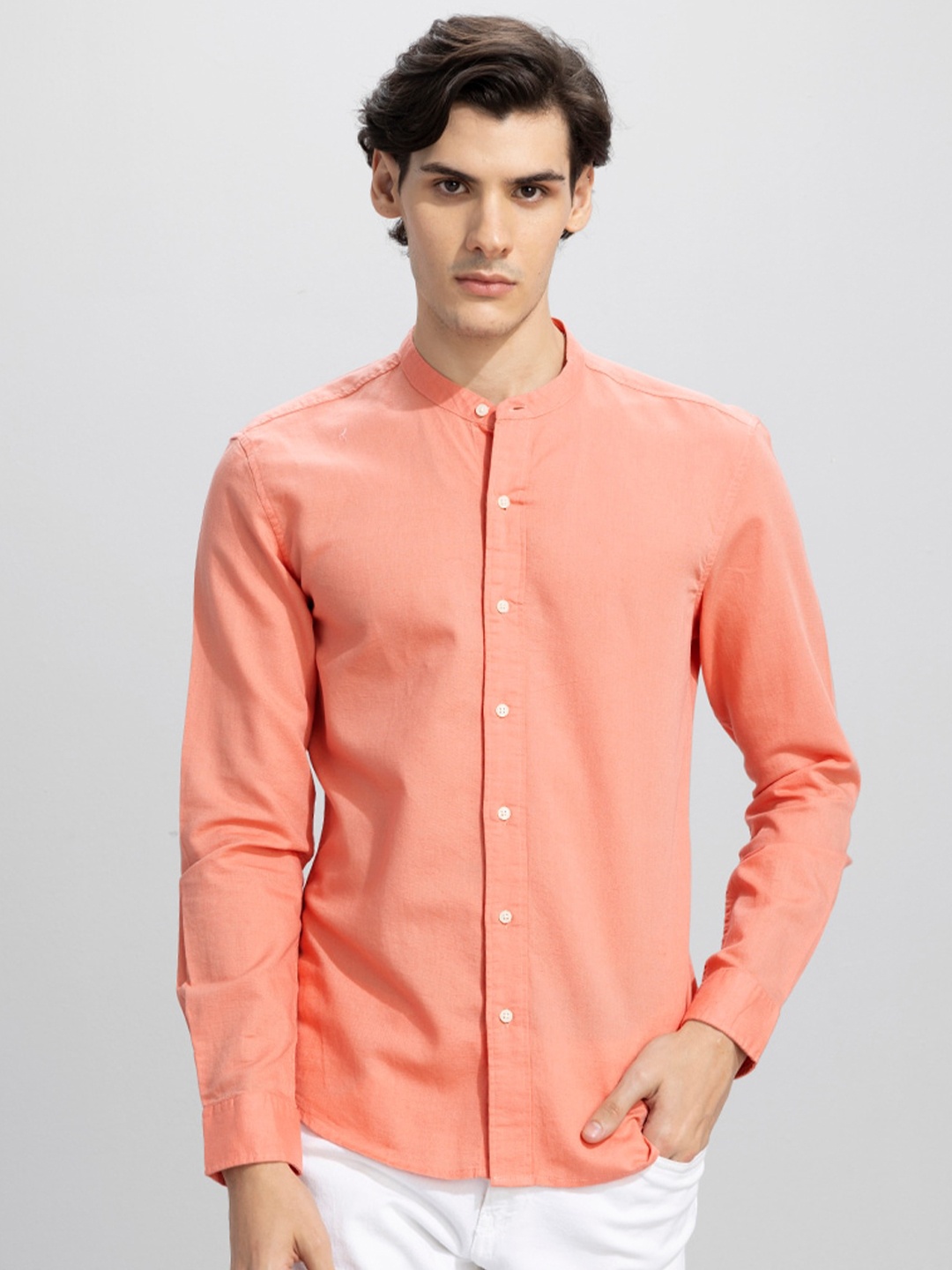 

Snitch Orange Coloured Mandarin Collar Classic Slim Fit Casual Shirt