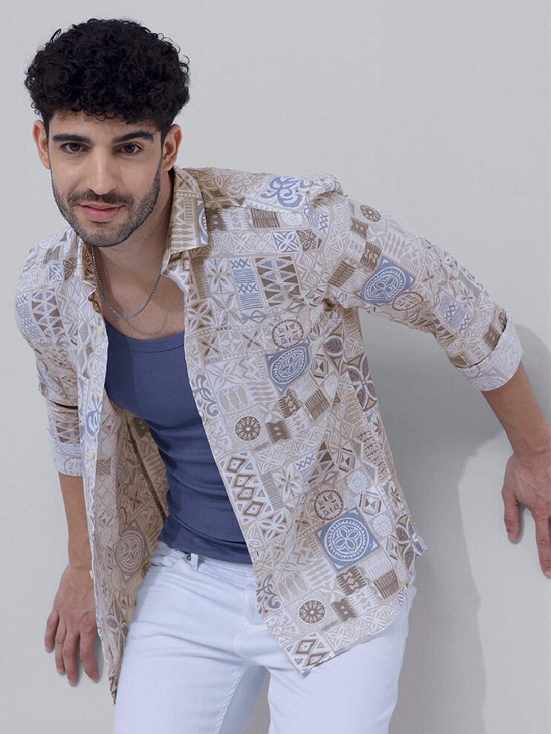 

Snitch Beige Classic Slim Fit Ethnic Motif Opaque Printed Cotton Casual Shirt