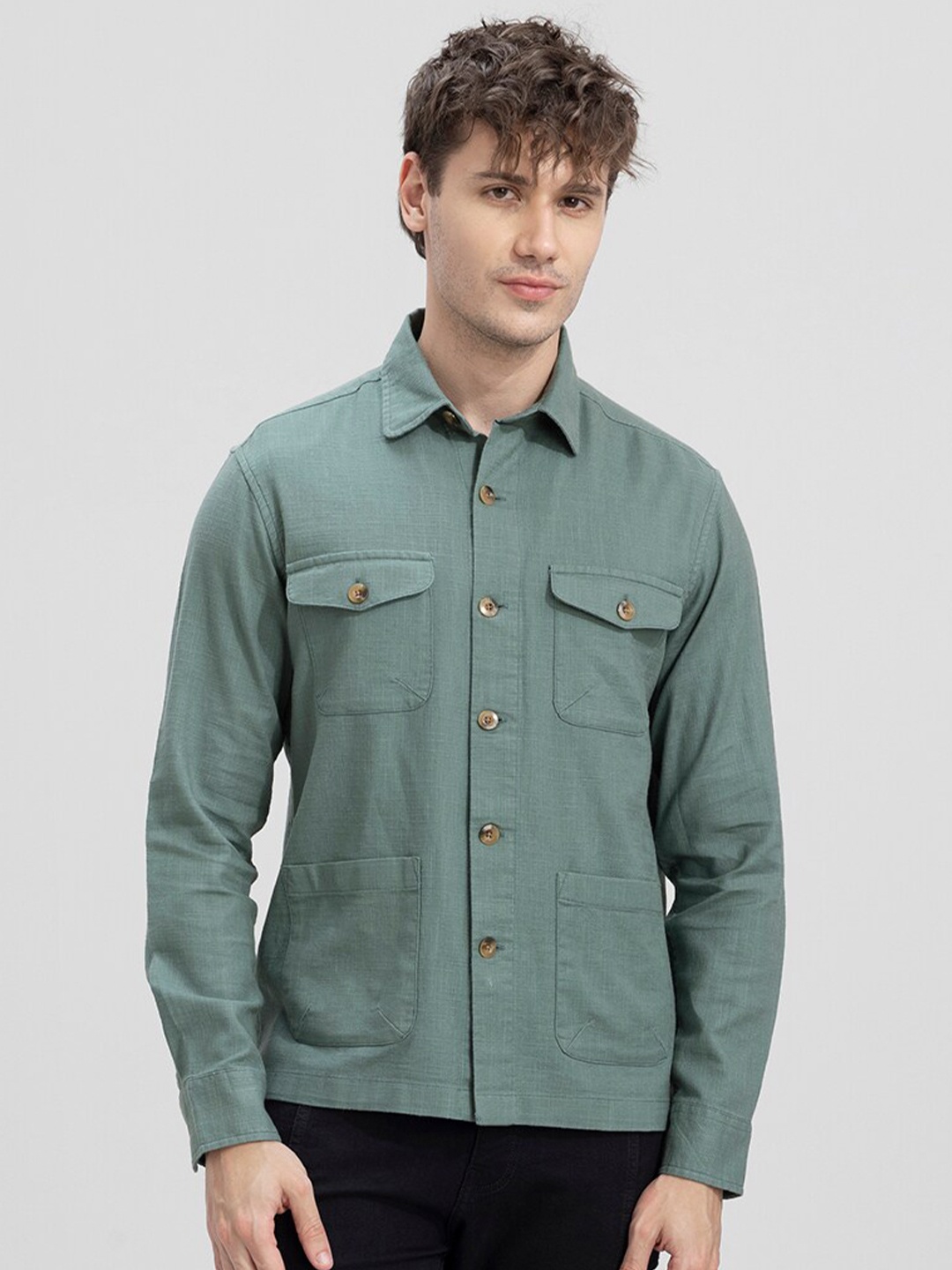 

Snitch Green Classic Opaque Linen Casual Shirt, Sea green