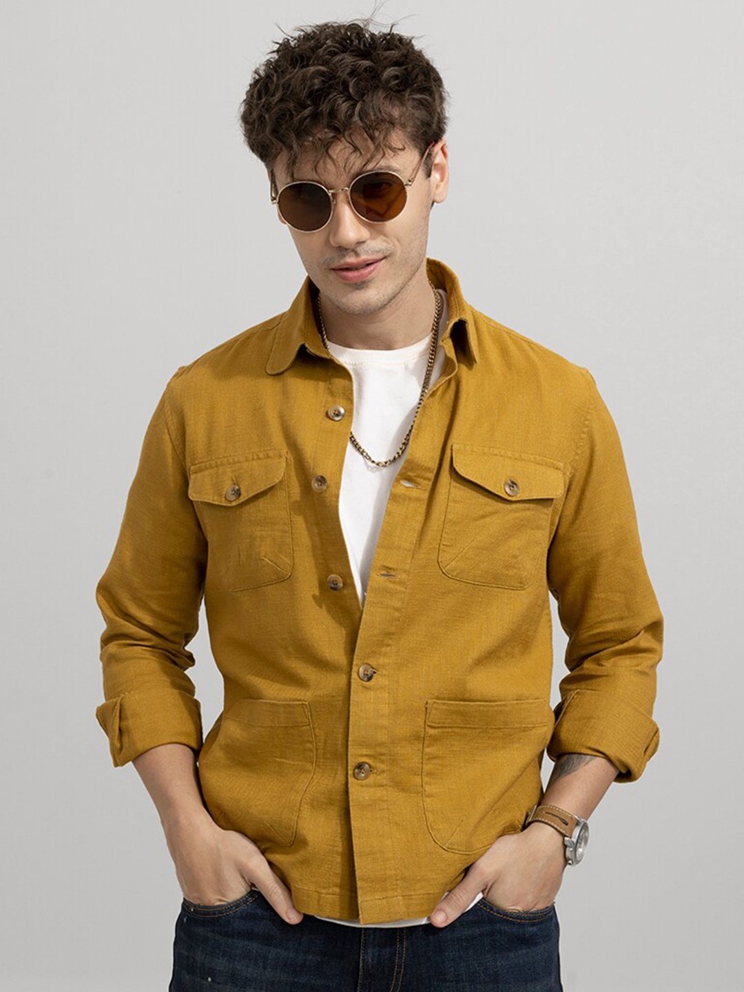 

Snitch Mustard Yellow Classic Opaque Linen Casual Shirt