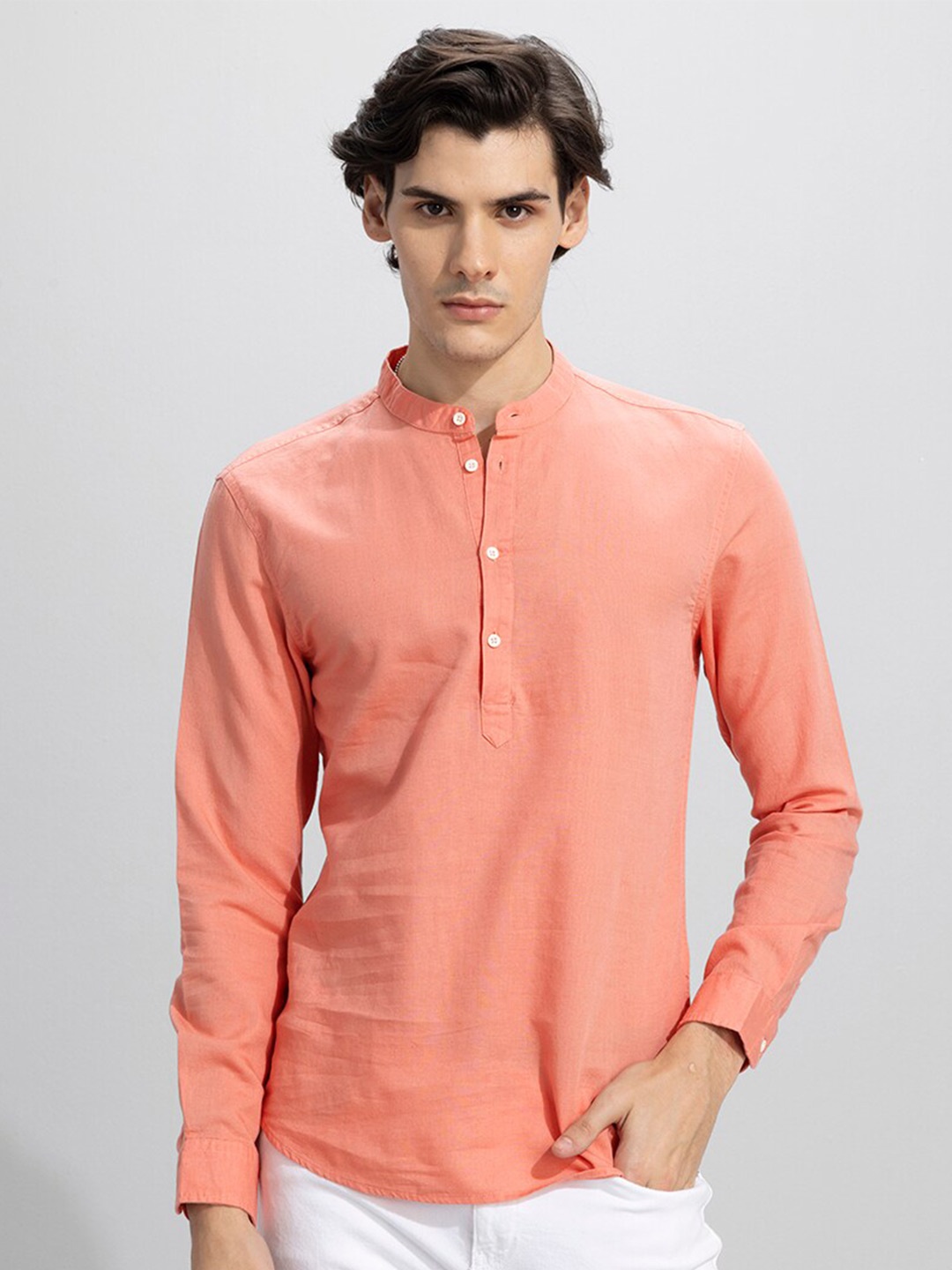 

Snitch Orange Classic Slim Fit Opaque Linen Casual Shirt