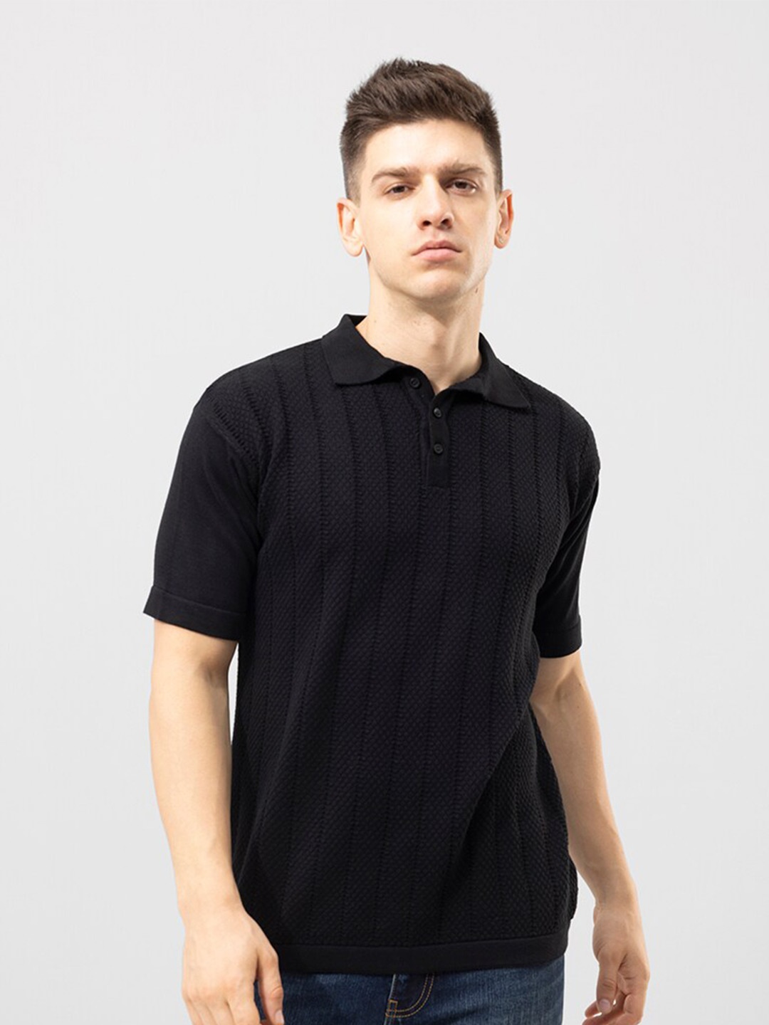 

Snitch Black Striped Polo Collar Cotton Slim Fit T-shirt