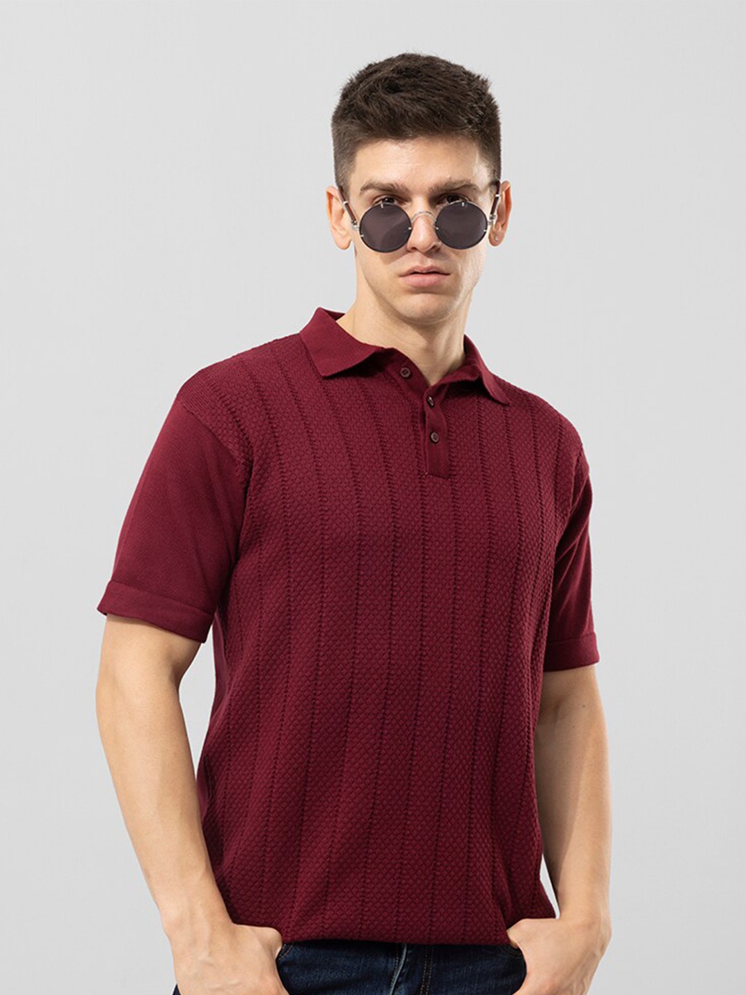 

Snitch Red Striped Polo Collar Cotton Slim Fit T-shirt
