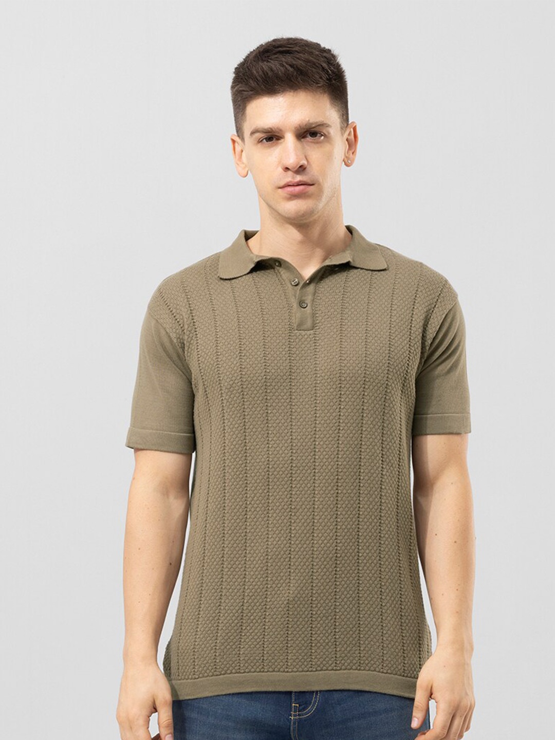 

Snitch Green Striped Polo Collar Cotton Slim Fit T-shirt