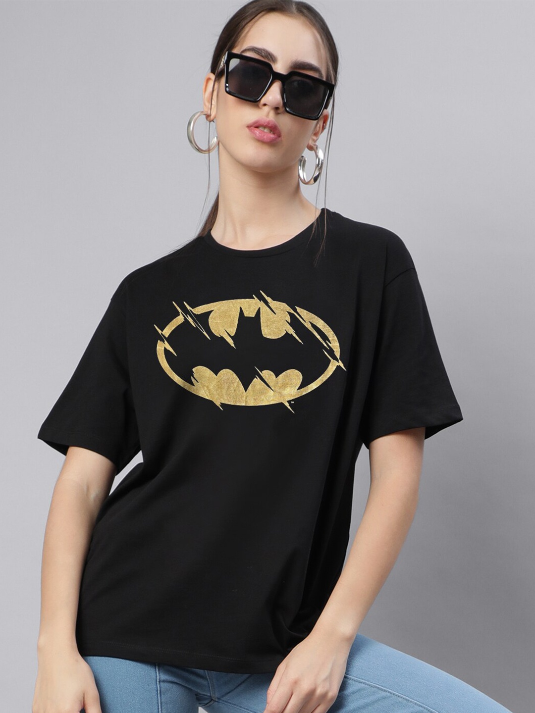 

Free Authority Batman-Printed Round Neck Cotton Over Sized T-shirt, Black