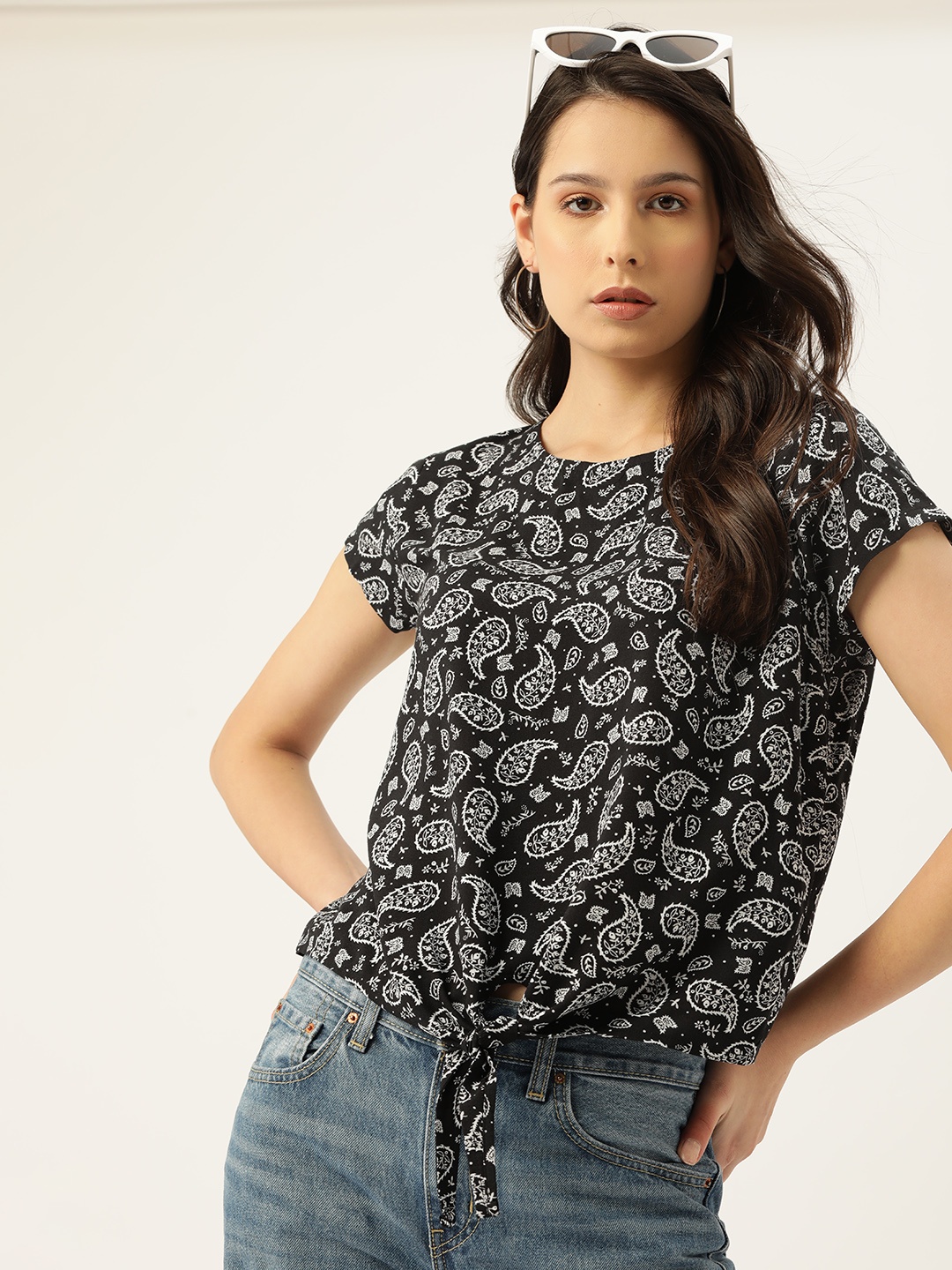 

Kook N Keech Ethnic Print Top with Tie-Ups Detail, Black
