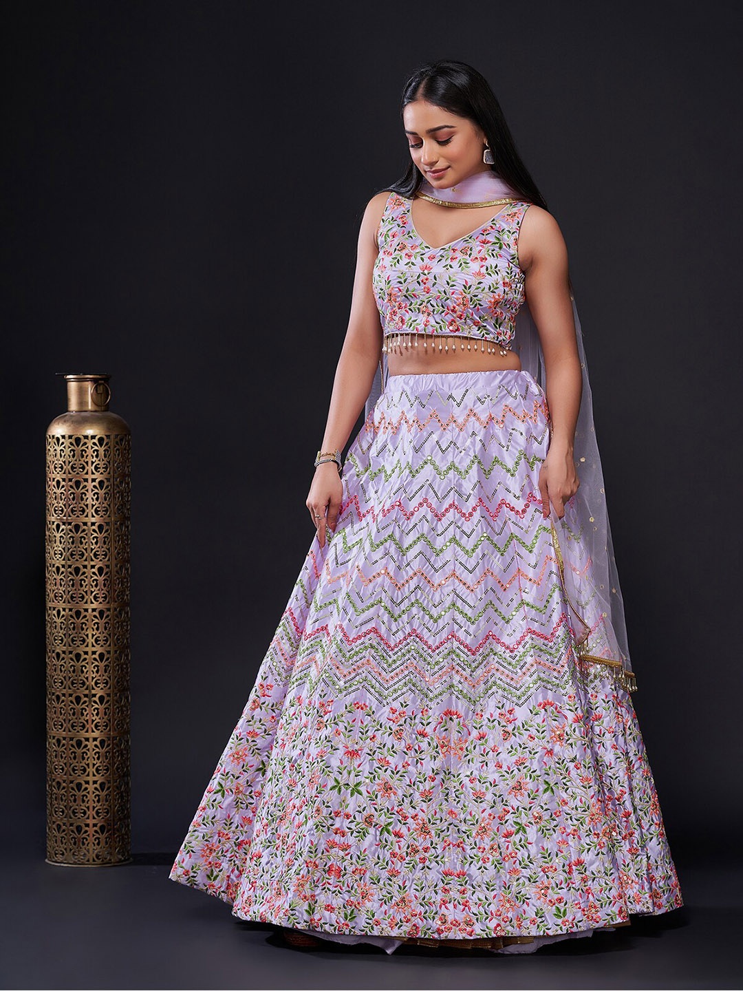 

ODETTE Embroidered Mirror Work Semi-Stitched Lehenga & Unstitched Blouse With Dupatta, Lavender