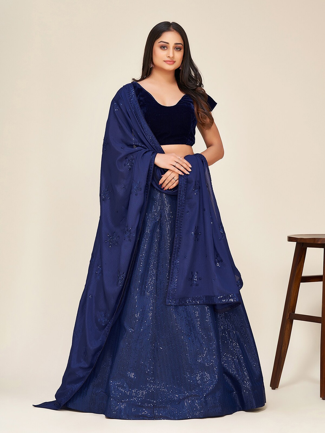 

ODETTE Sequinned Embellished Semi-Stitched Lehenga & Unstitched Blouse With Dupatta, Blue