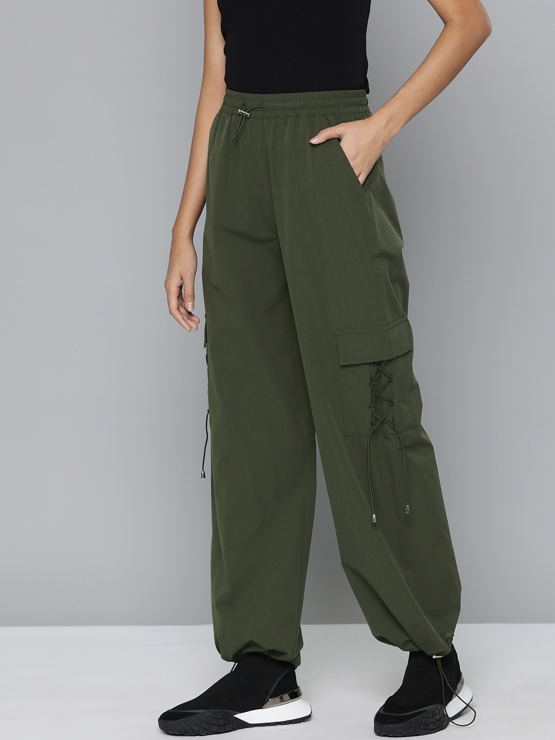 

VividArtsy Women Relaxed Loose Fit Wide Parachute Joggers, Olive