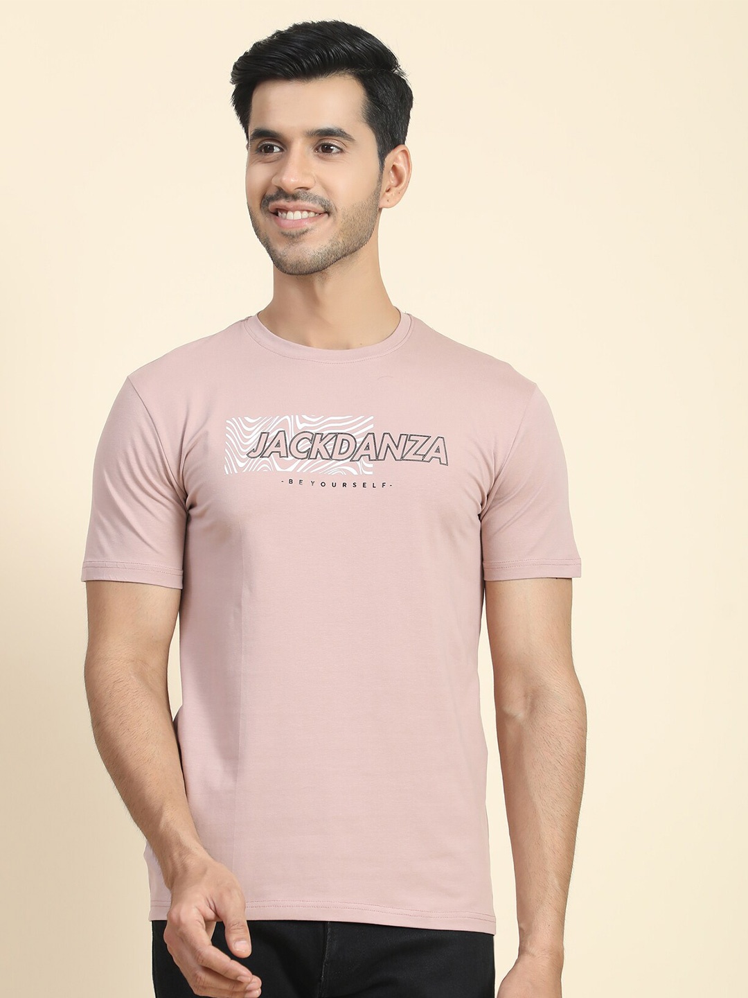

JACKDANZA Men Typography Printed Regular Fit Cotton T-shirt, Pink