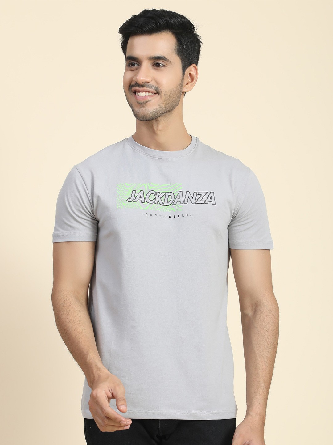 JACKDANZA Typography Printed Regular Fit Cotton Casual T Shirt, Grey