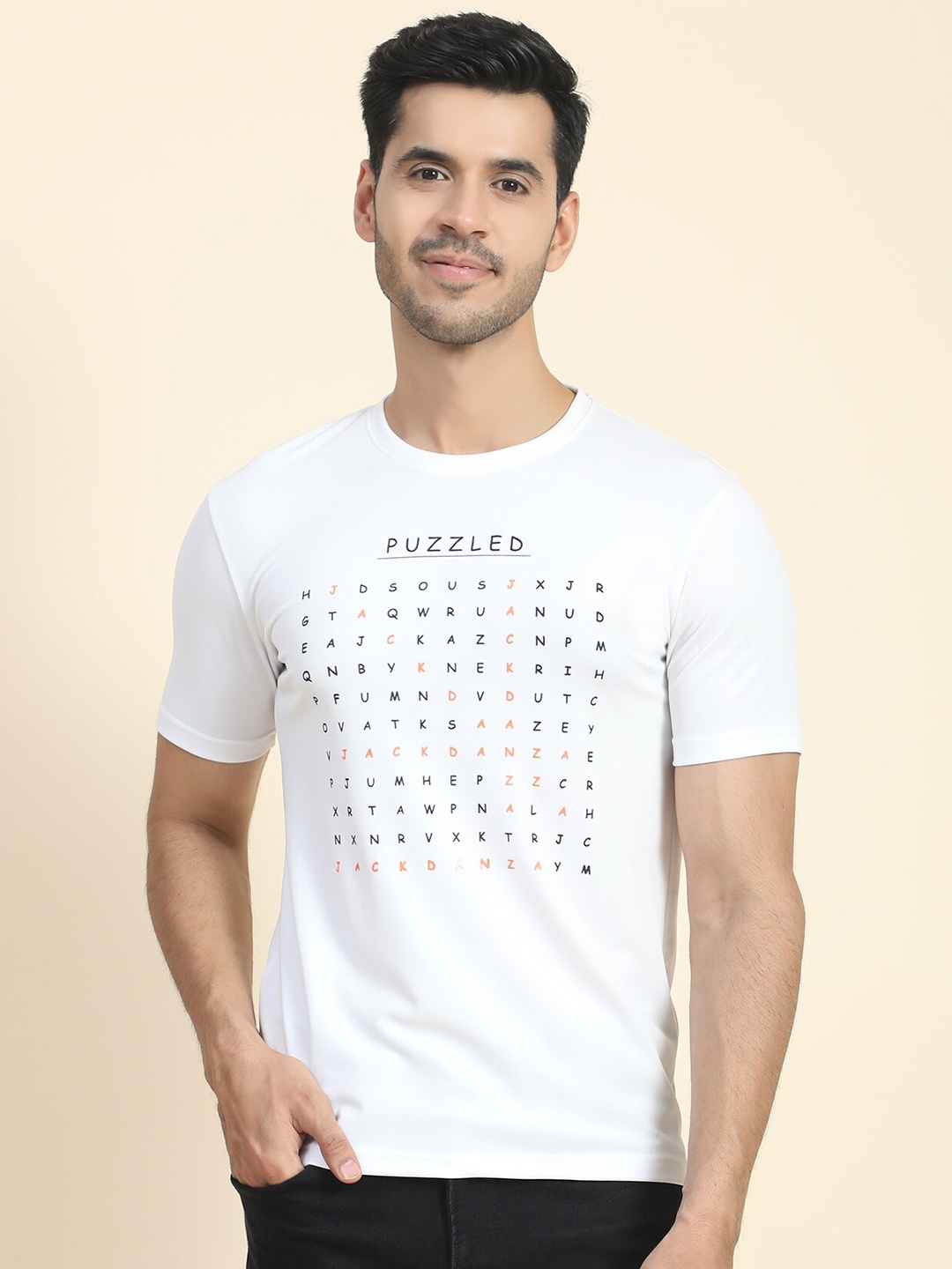 

JACKDANZA Typography Printed Regular Fit Casual T Shirt, White