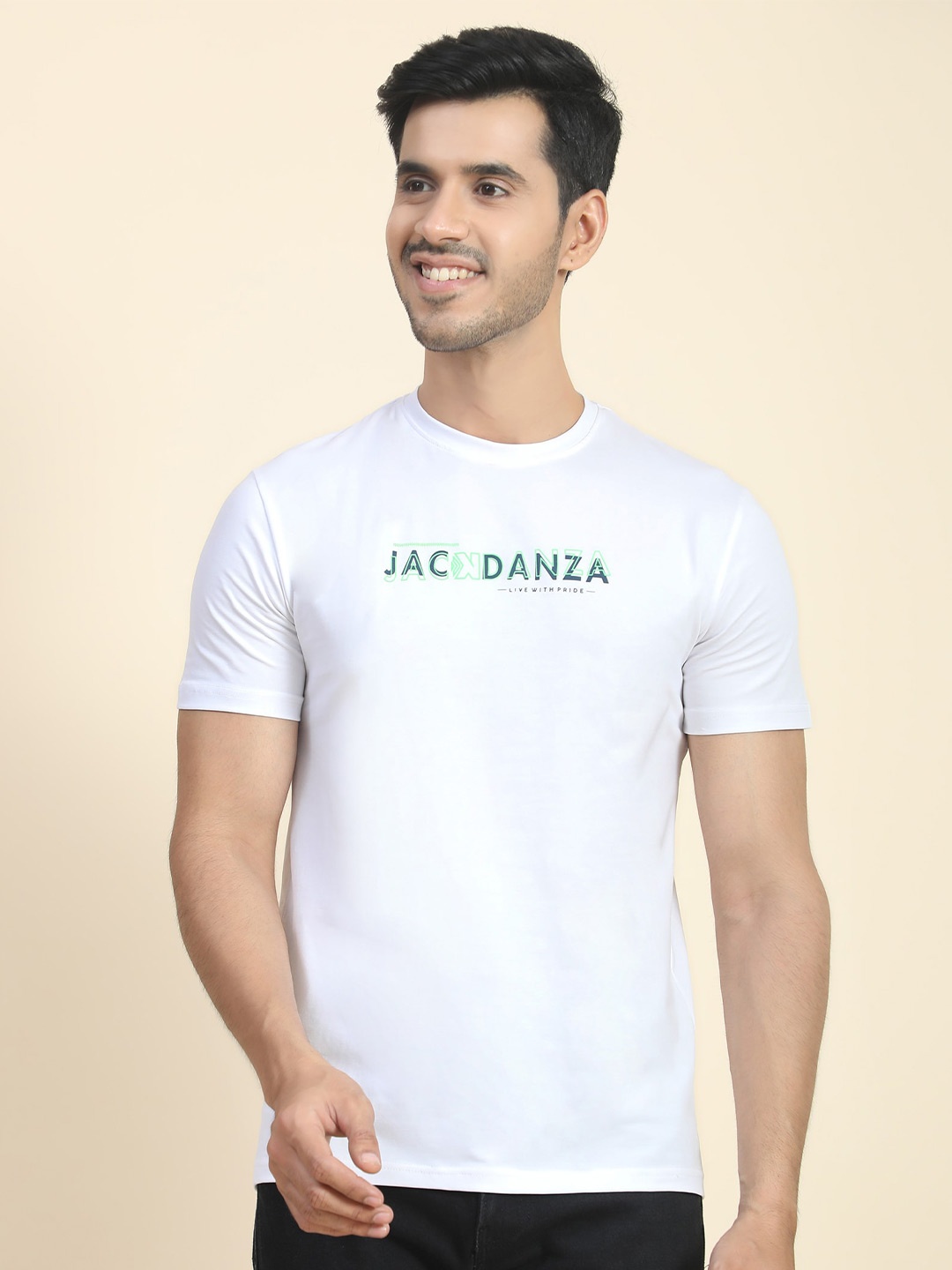 

JACKDANZA Typography Printed Regular Fit Cotton Casual T Shirt, White