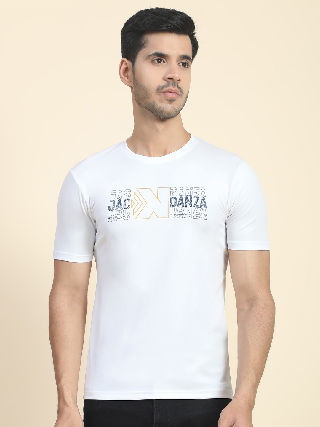 

JACKDANZA Typography Printed Round Neck Short Sleeves Cotton Fit T-shirt, White