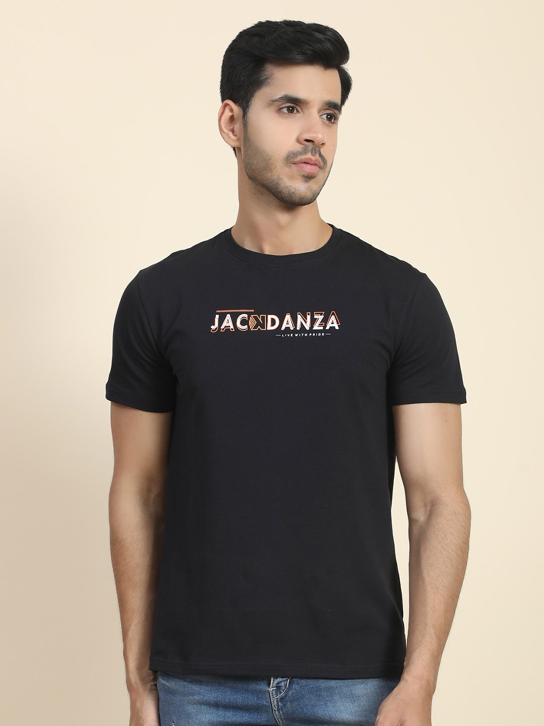 

JACKDANZA Typography Printed Regular Fit Cotton Casual T Shirt, Black