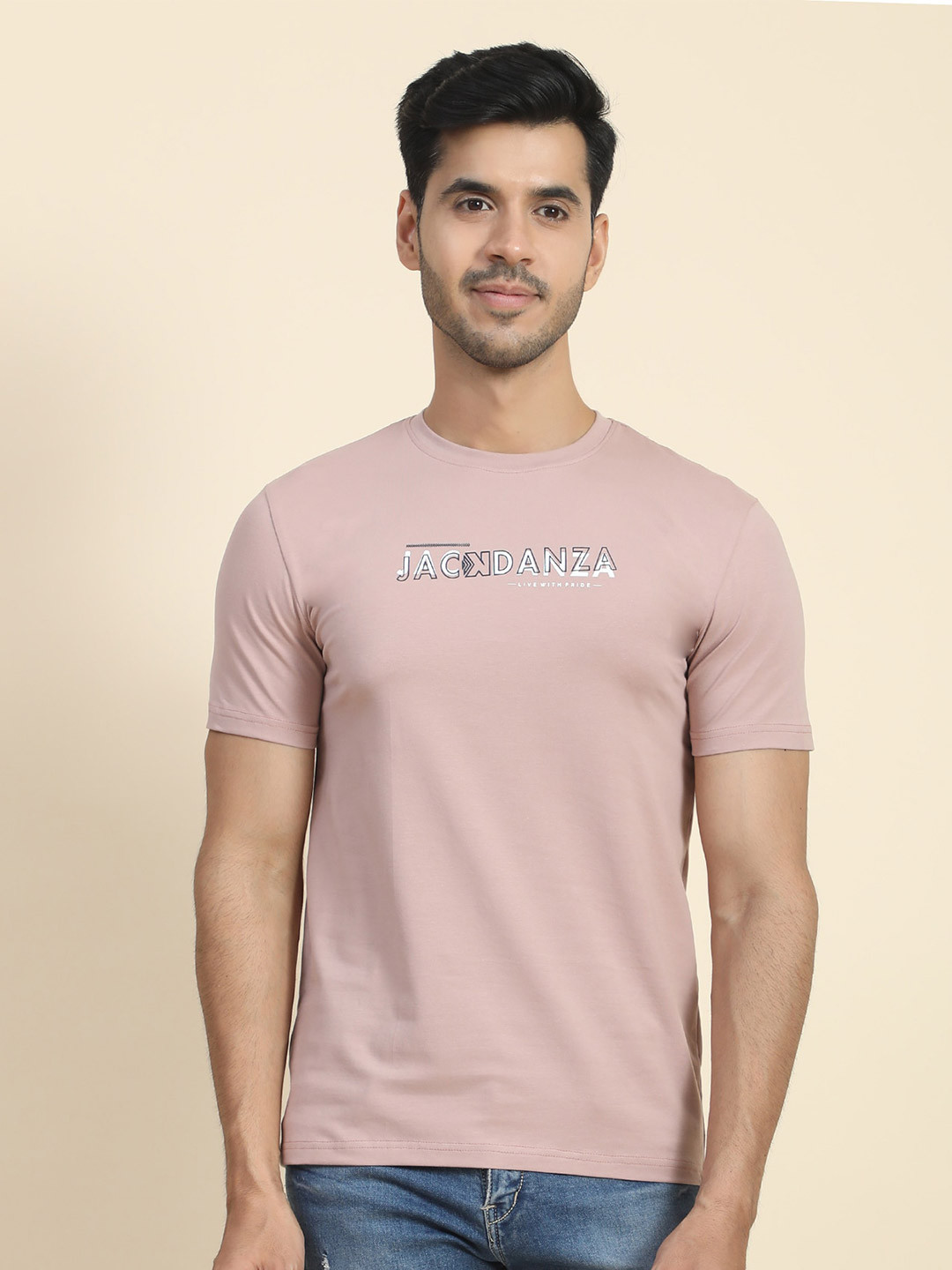 

JACKDANZA Typography Printed Regular Fit Cotton Casual T Shirt, Pink