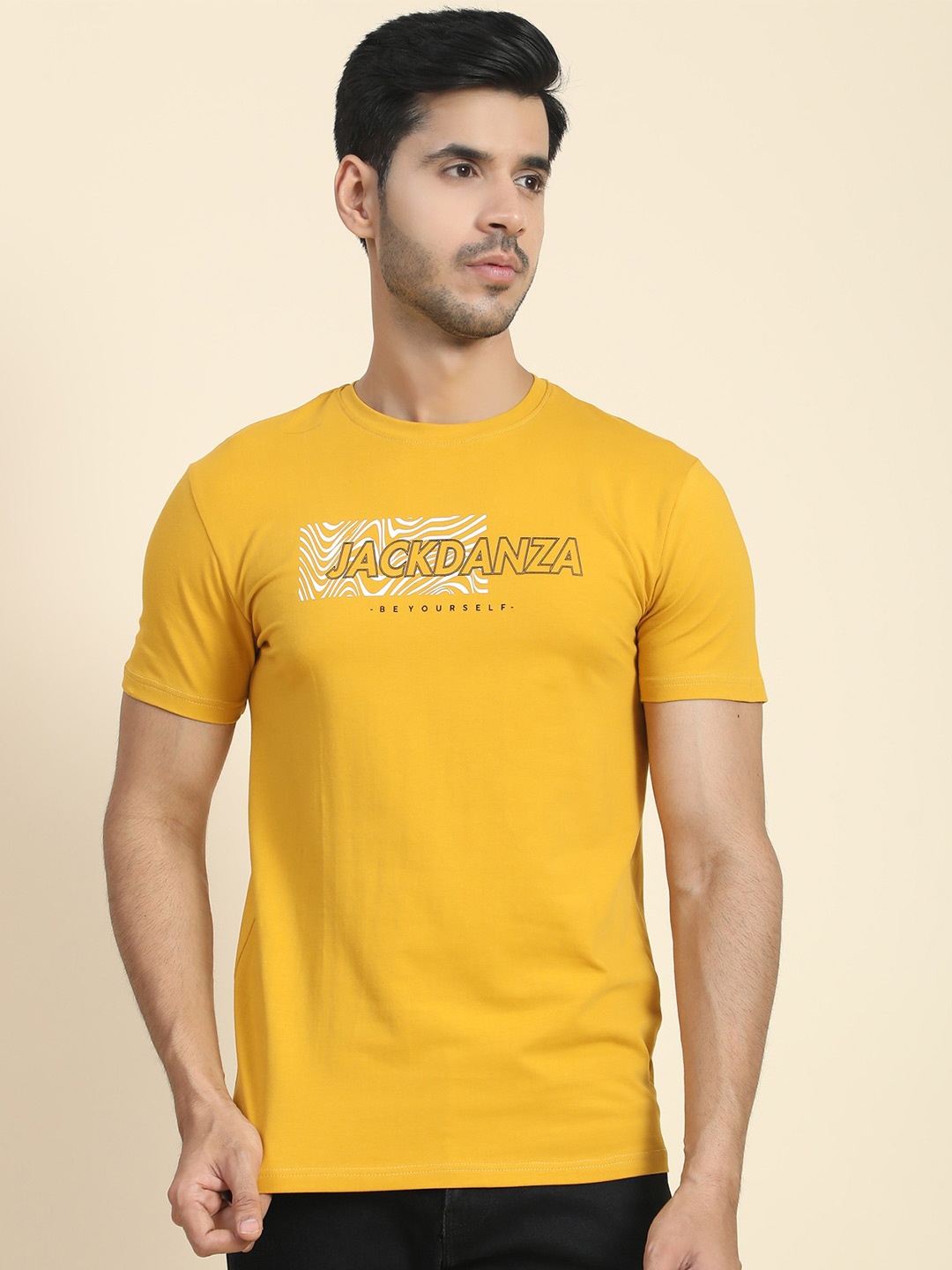 

JACKDANZA Men Typography Printed Regular Fit T-shirt, Mustard