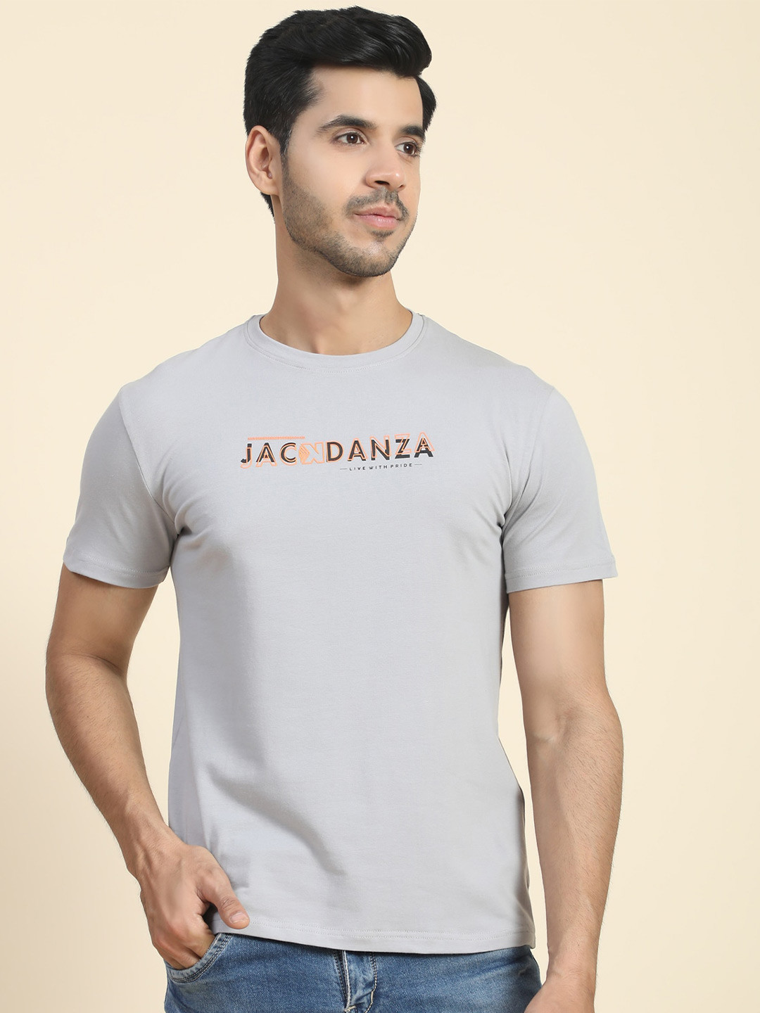

JACKDANZA Typography Printed Regular Fit Cotton Casual T Shirt, Grey