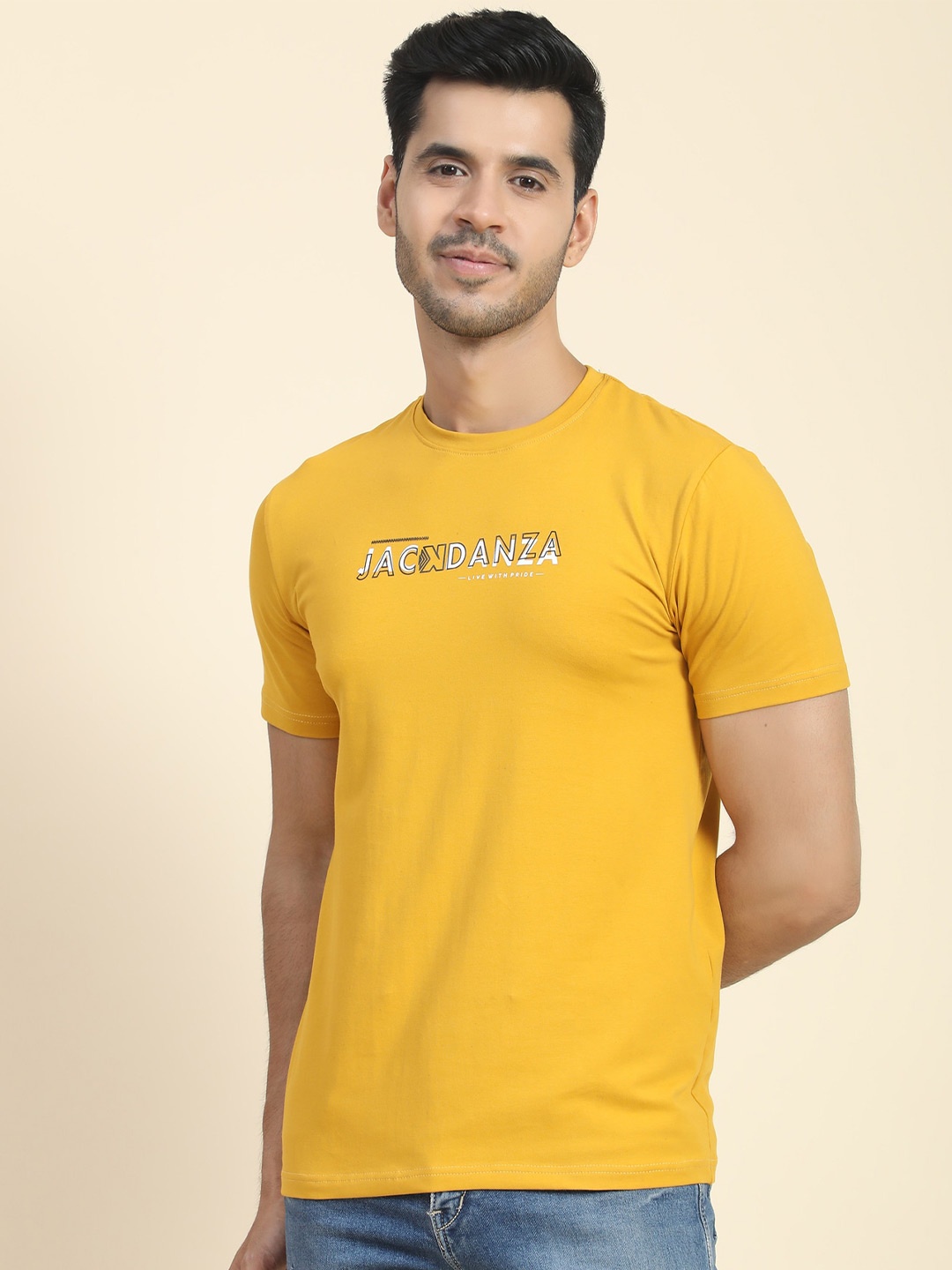 

JACKDANZA Typography Printed Regular Fit Cotton Casual T Shirt, Mustard