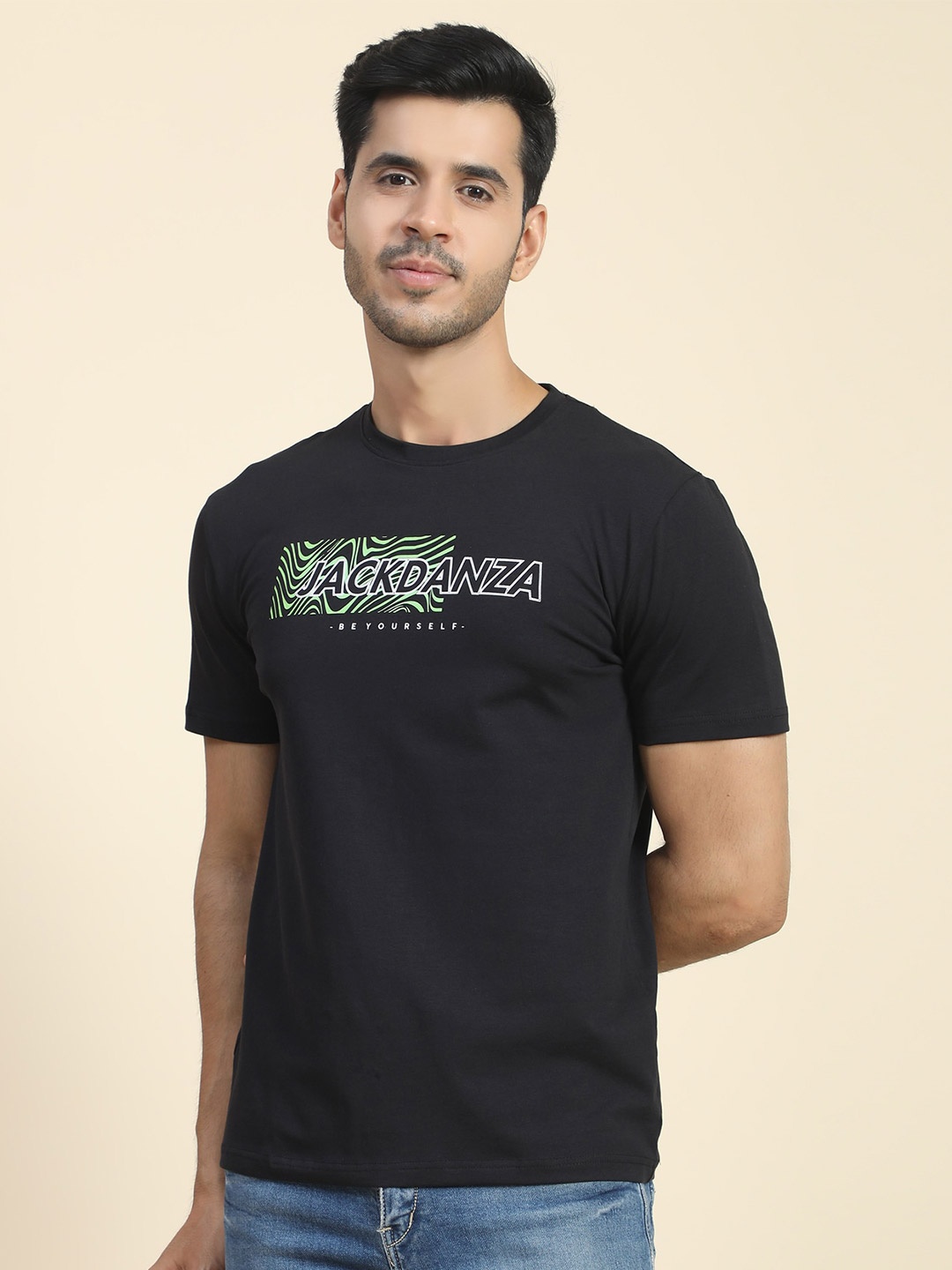 

JACKDANZA Typography Printed Regular Fit Cotton Casual T Shirt, Black